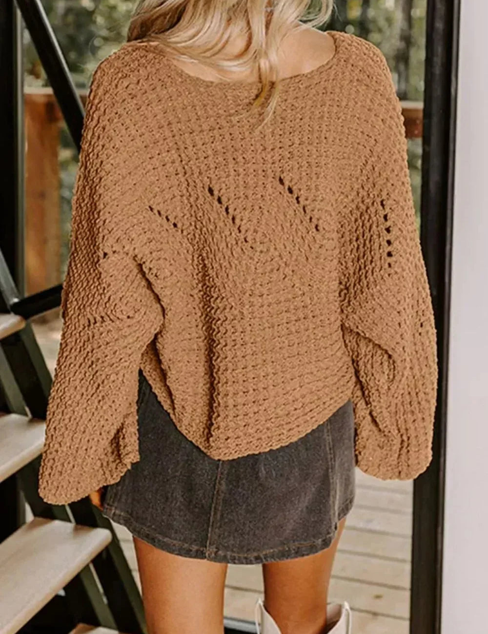 Daverri Fashions Hollowed Detail Wide Sleeve Loose Pullover Sweater - DAVERRI FASHIONS