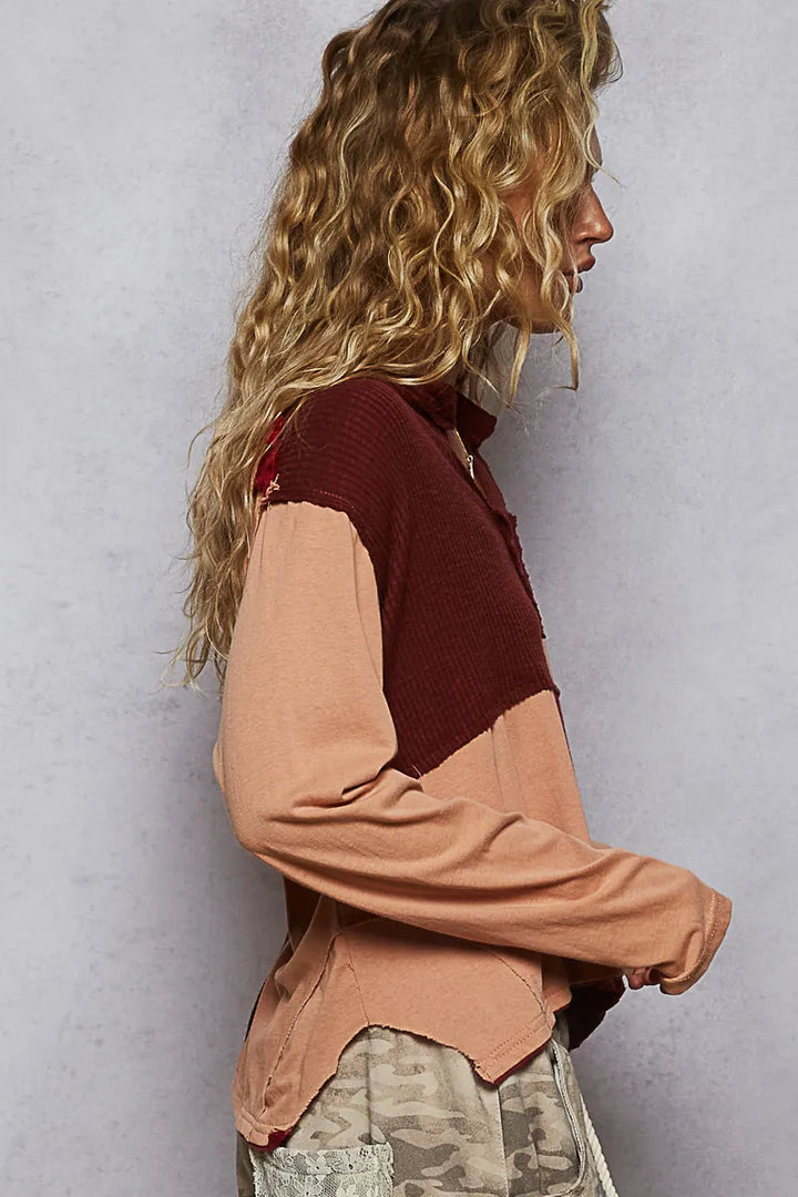 POL Color Block Notched Long Sleeve T-Shirt T-Shirts