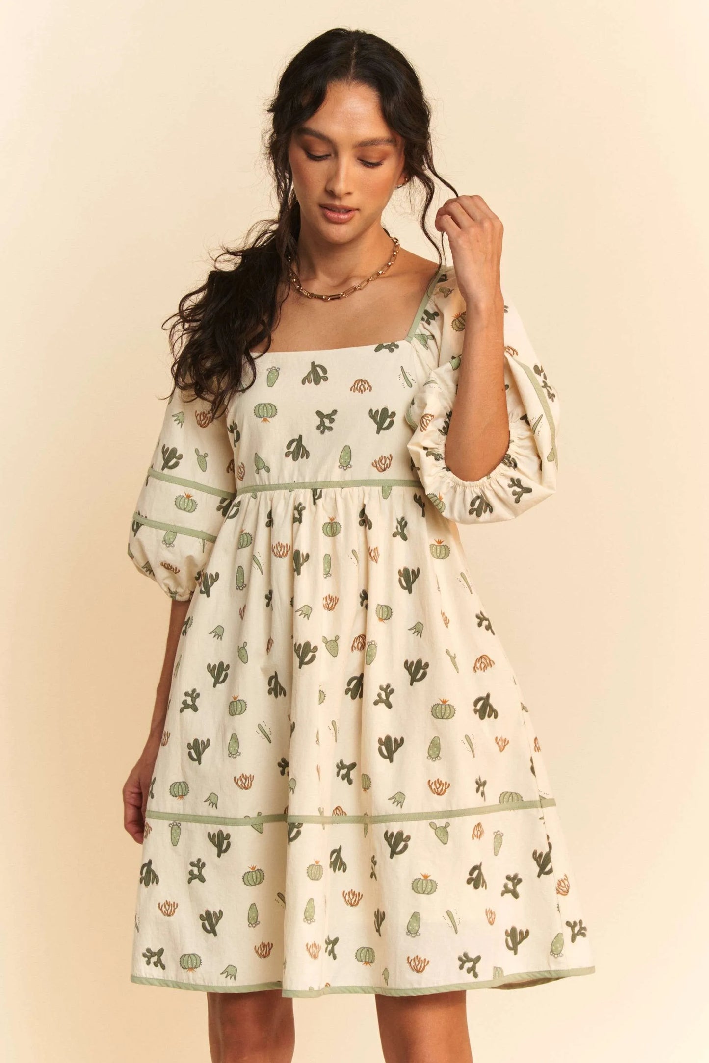 Davi & Dani cactus printed poplin mini dress with puffed sleeves