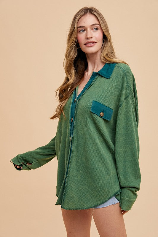 Annie Wear Waffle-Knit Mineral Washed Button Down Shirt Tops