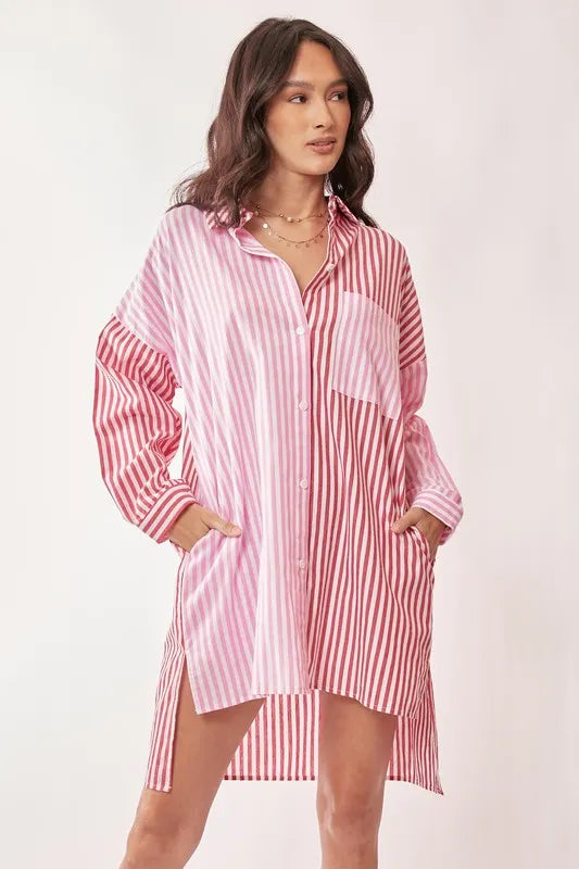 Davi & Dani Multi Color Stripe Mixed Button Front Tunic Shirt Dress Mini Dresses