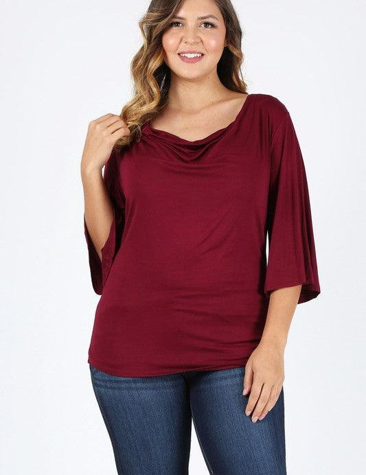 Plus size cowl neck basic top Burgundy Shirts & Tops