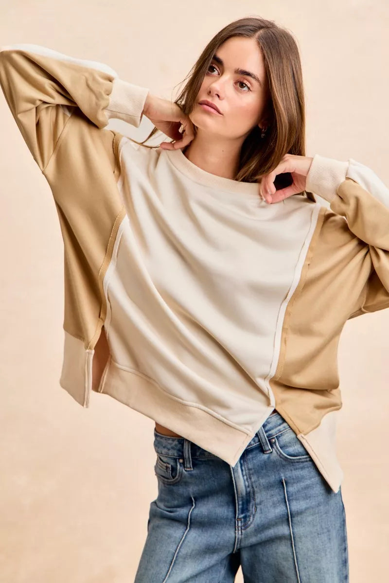 BiBi French Terry color-blocked sweatshirt in beige and tan with relaxed fit