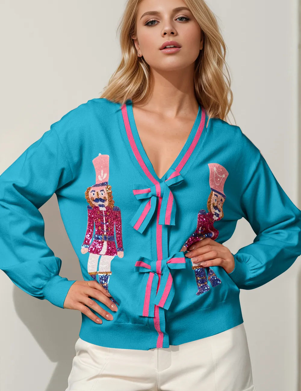 Cerulean Double Take Full Size Nutcracker Sequin Bow Decor Cardigan | Cardigans Daverri Fashions