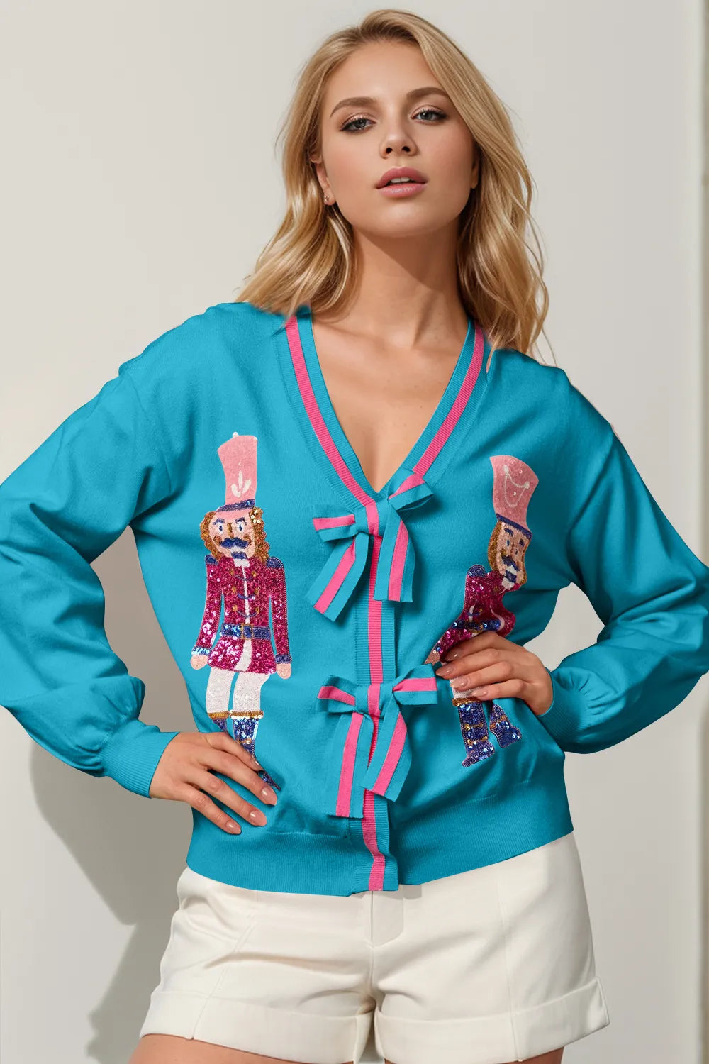 Cerulean Double Take Full Size Nutcracker Sequin Bow Decor Cardigan | Cardigans Daverri Fashions