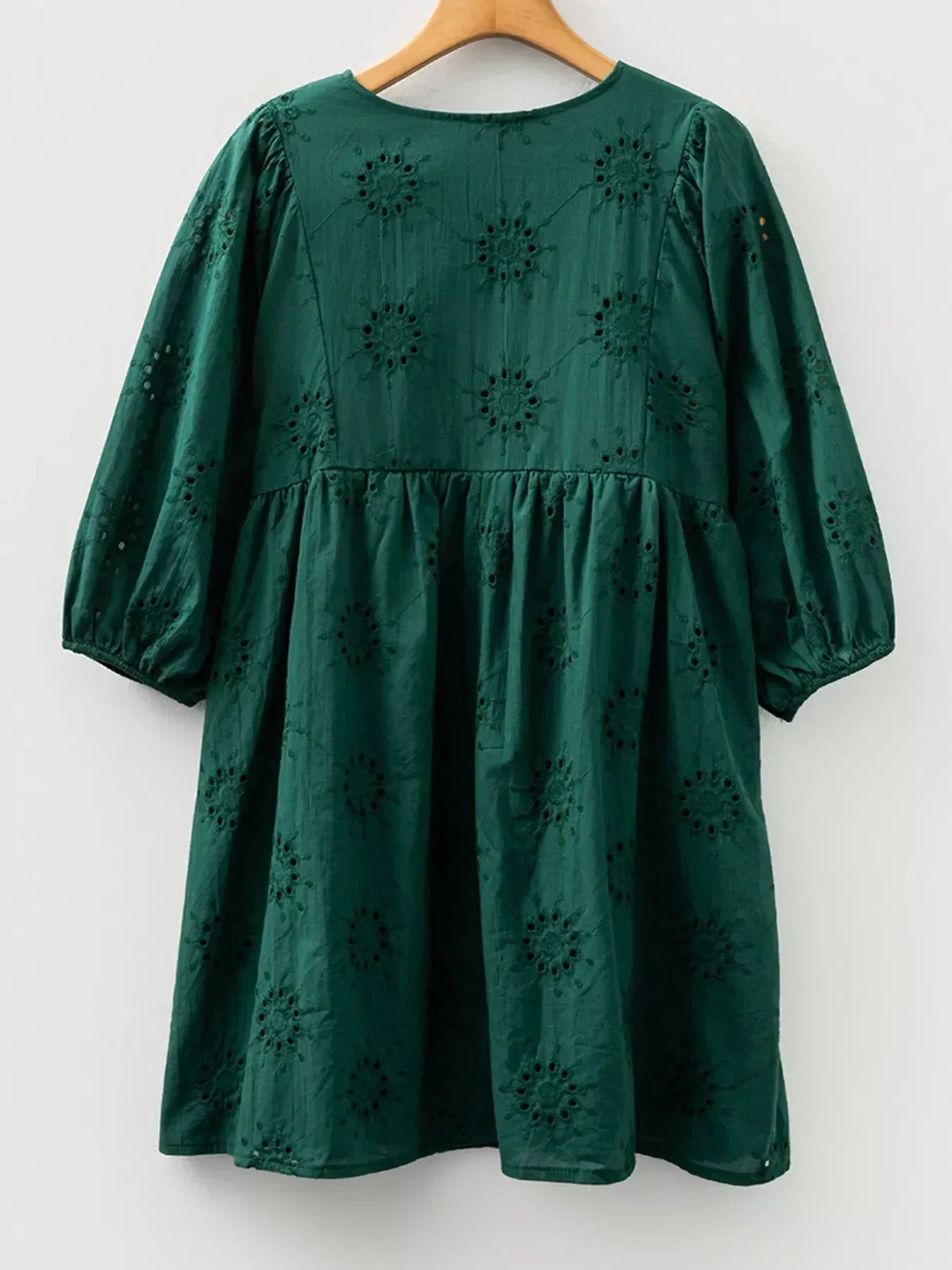 Embroidered Eyelet Pattern 3/4 Puffy Sleeve Swing Mini Dress - DAVERRI FASHIONS