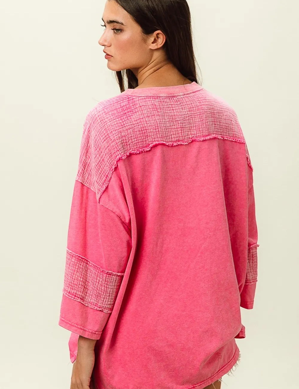 Pink oversized BiBi High-Low Washed T-Shirt with textured knit panels and frayed edges