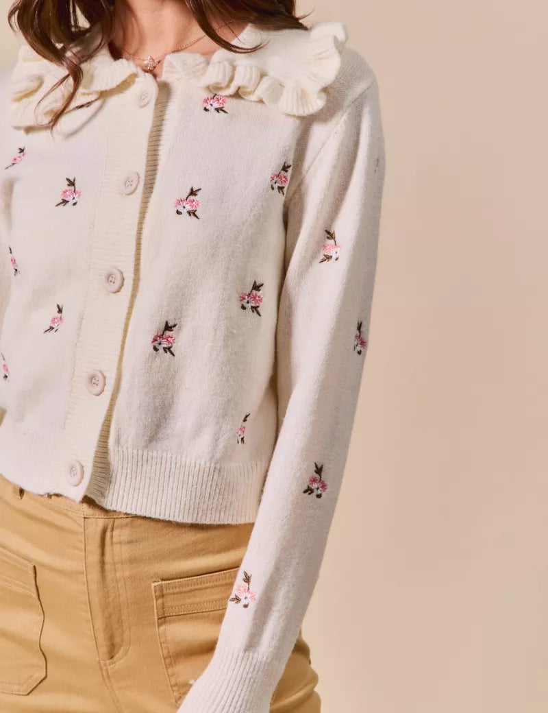 SO ME Collared Floral Embroidered Button Down Sweater Cardigan | Cardigans Daverri Fashions