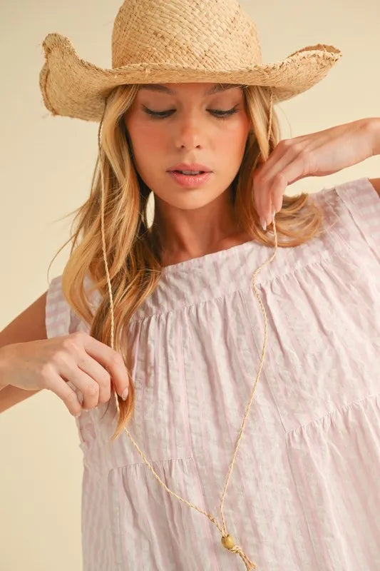 Aemi+Co Ruched Striped Round Neck Sleeveless Top Tops