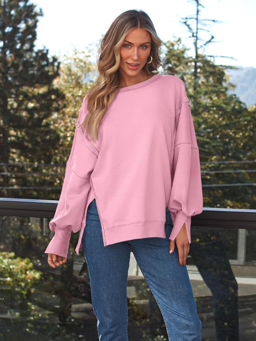 Slit Round Neck Long Sleeve Sweatshirt Pink Tops