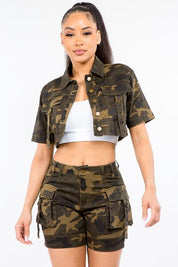 American Bazi Full Size Camouflage Short Sleeve Cropped Jacket Olive Camo S