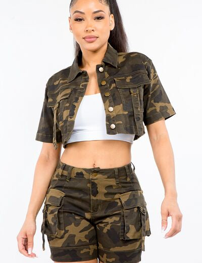 American Bazi Full Size Camouflage Short Sleeve Cropped Jacket Olive Camo S