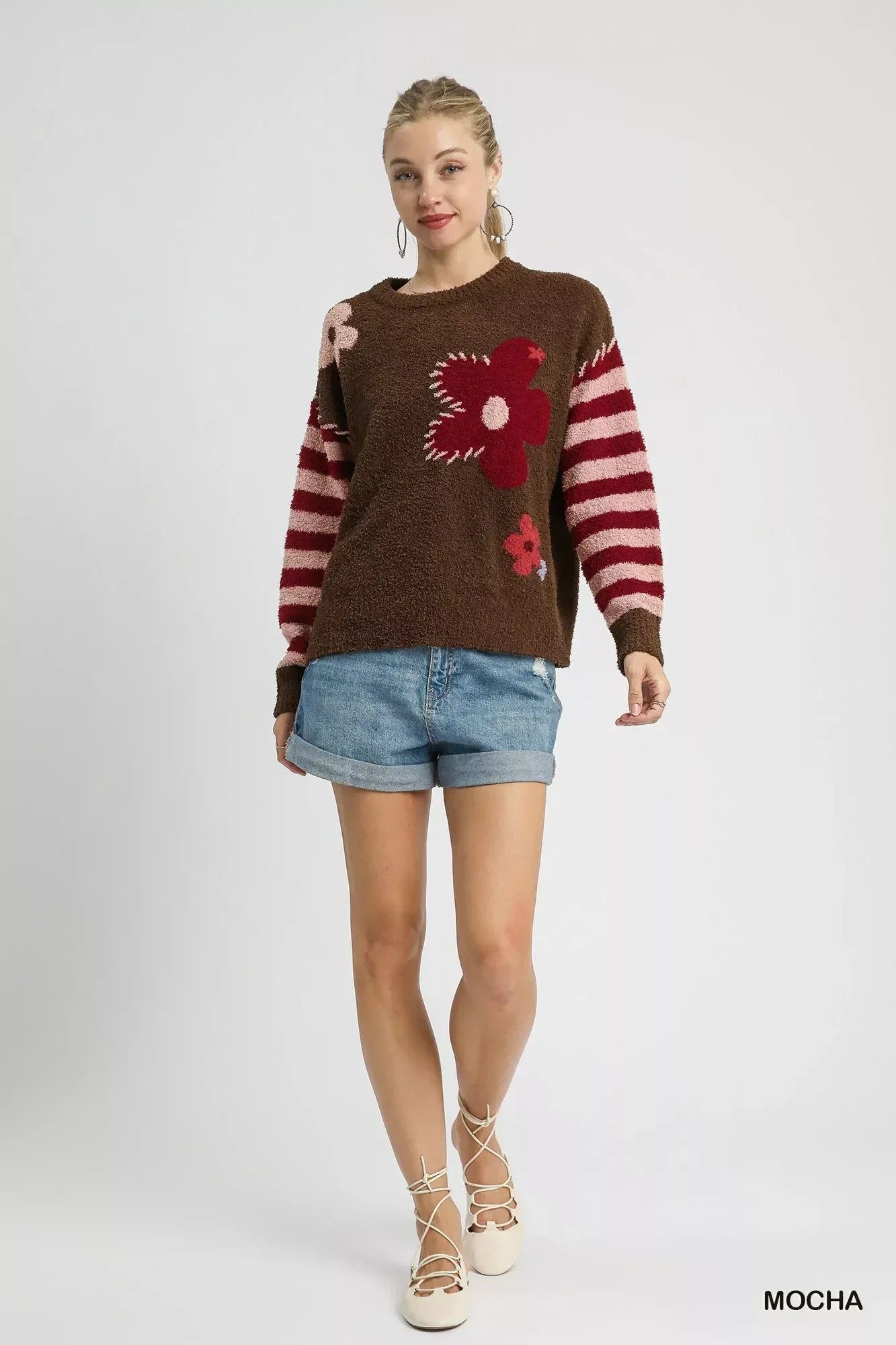 Umgee Flower Jacquard Striped Long Sleeve Sweater - DAVERRI FASHIONS