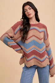 Annie Wear multicolored zigzag round neck sweater with ribbed texture