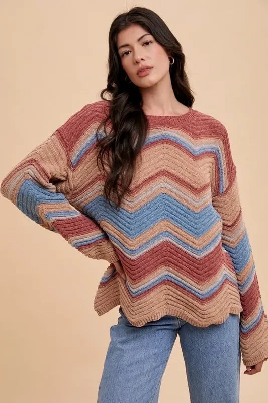 Annie Wear multicolored zigzag round neck sweater with ribbed texture