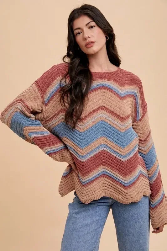 Annie Wear Multi Color Zig-Zag Round Neck Sweater - DAVERRI FASHIONS