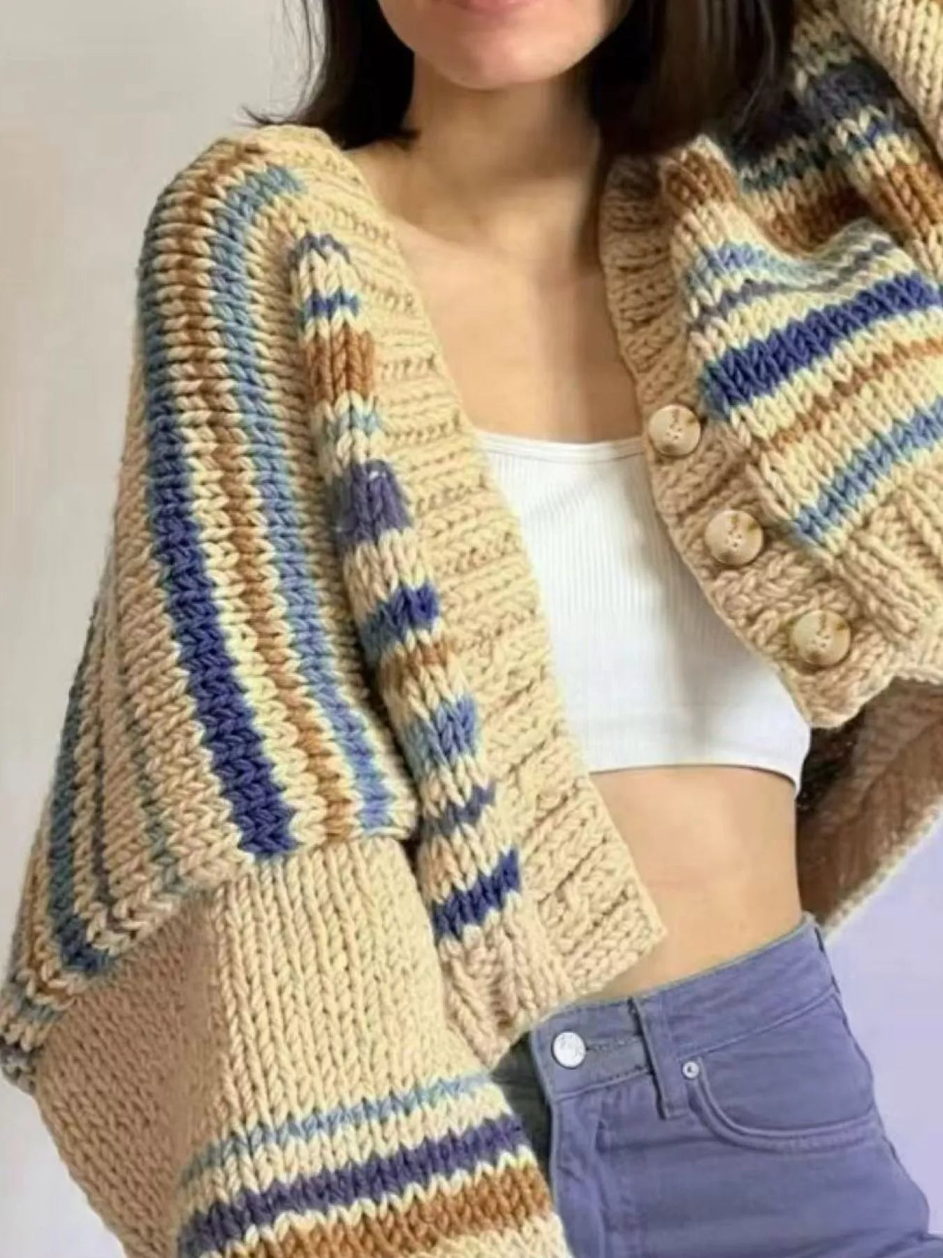 Cozy chunky knit striped cropped cardigan in beige, blue, brown
