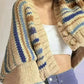 Cozy chunky knit striped cropped cardigan in beige, blue, brown