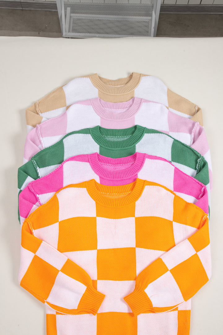 Checkered Bishop Sleeve Sweater | Sweaters Daverri Fashions