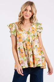 Mittoshop Floral V-Neck Ruffled Cap Sleeve Blouse Tangerine