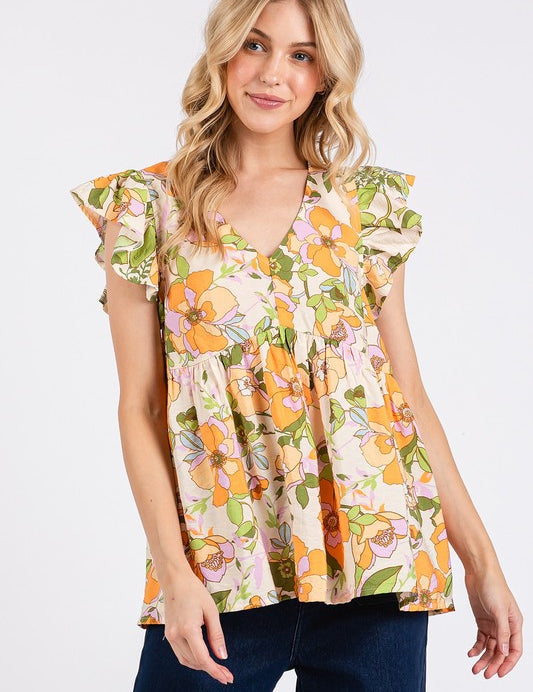 Mittoshop Floral V-Neck Ruffled Cap Sleeve Blouse Tangerine