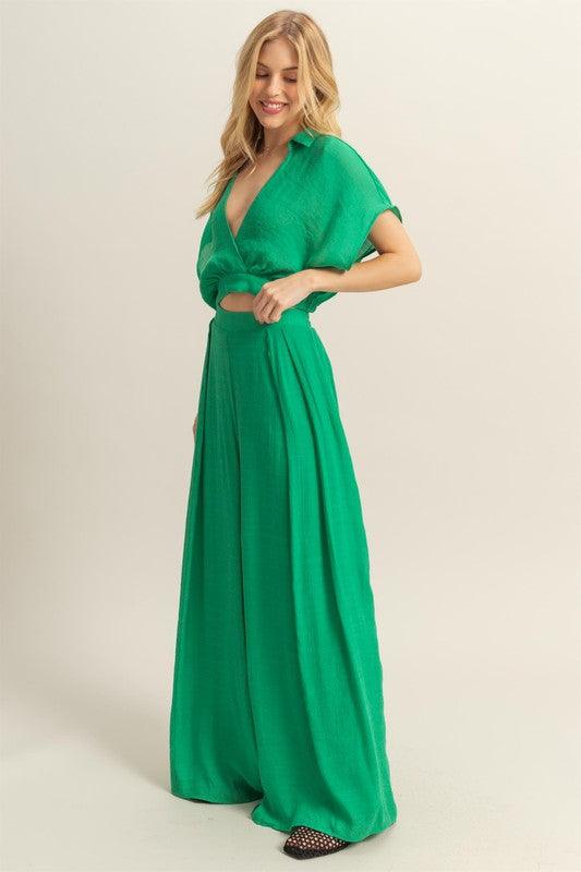 HYFVE Green Kimono Sleeve Crop Top and Wide Leg Pants Set Outfit Sets