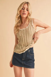 Aemi+Co Distressed Detail Round Neck Knit Tank | Daverri Fashions