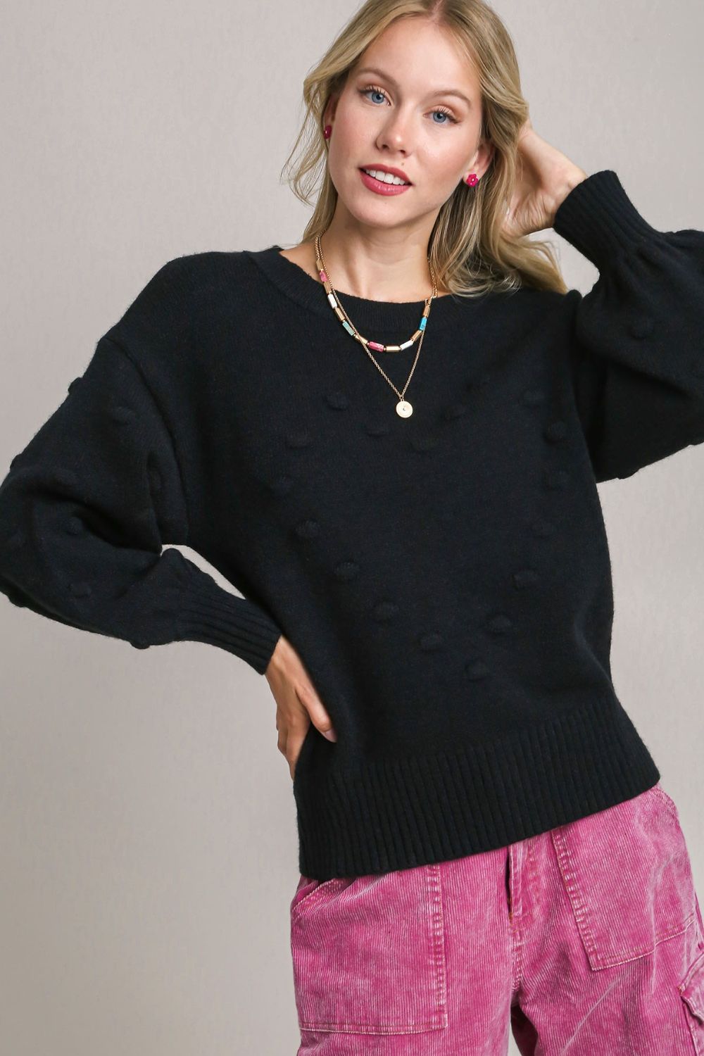 Umgee Full Size Pom Pom Knit Heart Front Round Neck Sweater Plus Size Black Sweaters