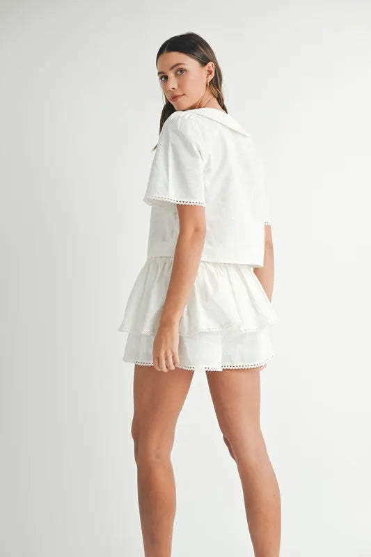 MABLE Collared Button Down Crop Top and Skort Set Outfit Sets