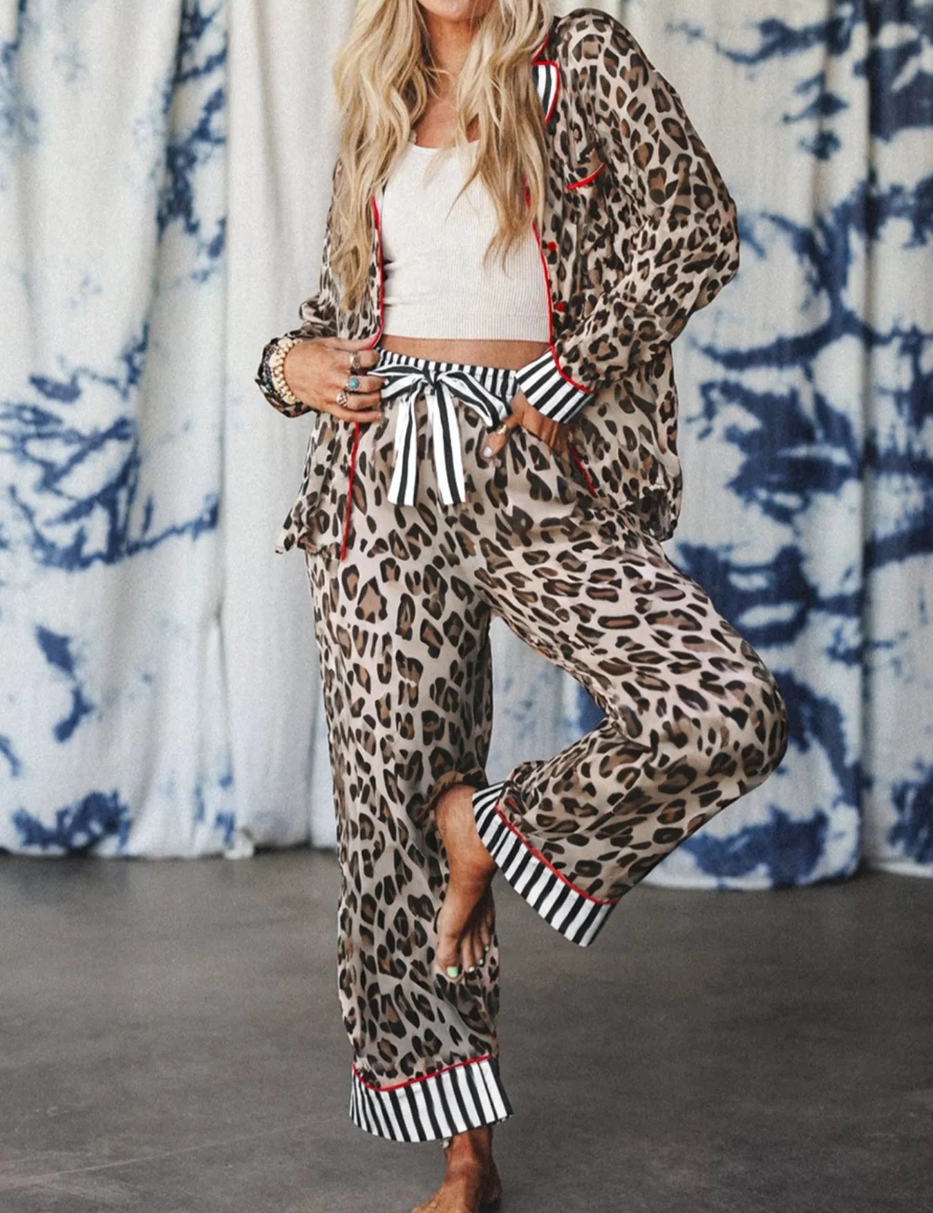 Leopard Leopard and Striped Trim Shirt and Pants Set | Loungewear Sets Daverri Fashions