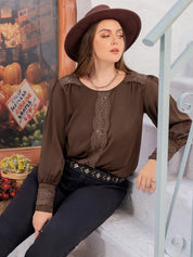 Coffee Brown Plus Size Lace Detail Round Neck Long Sleeve Blouse | Daverri Fashions