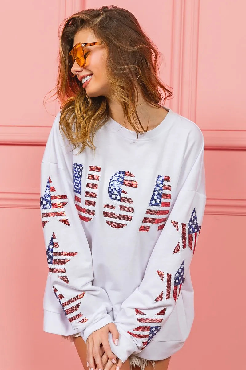 BiBi American Flag USA and Star Sequin Sweatshirt Sweatshirts