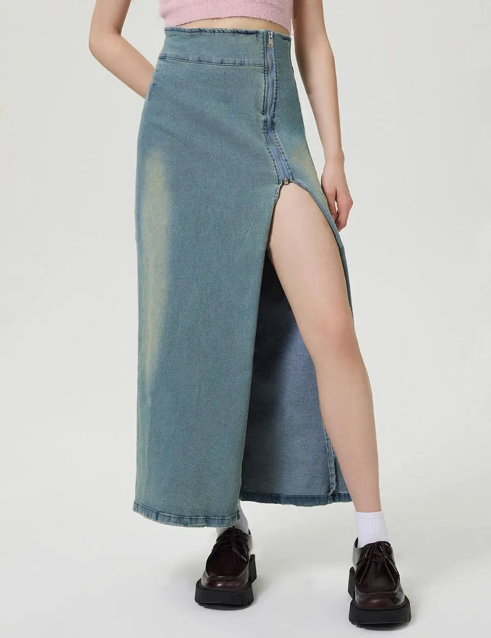 Slit Denim Skirt with Zip | Skirts Daverri Fashions
