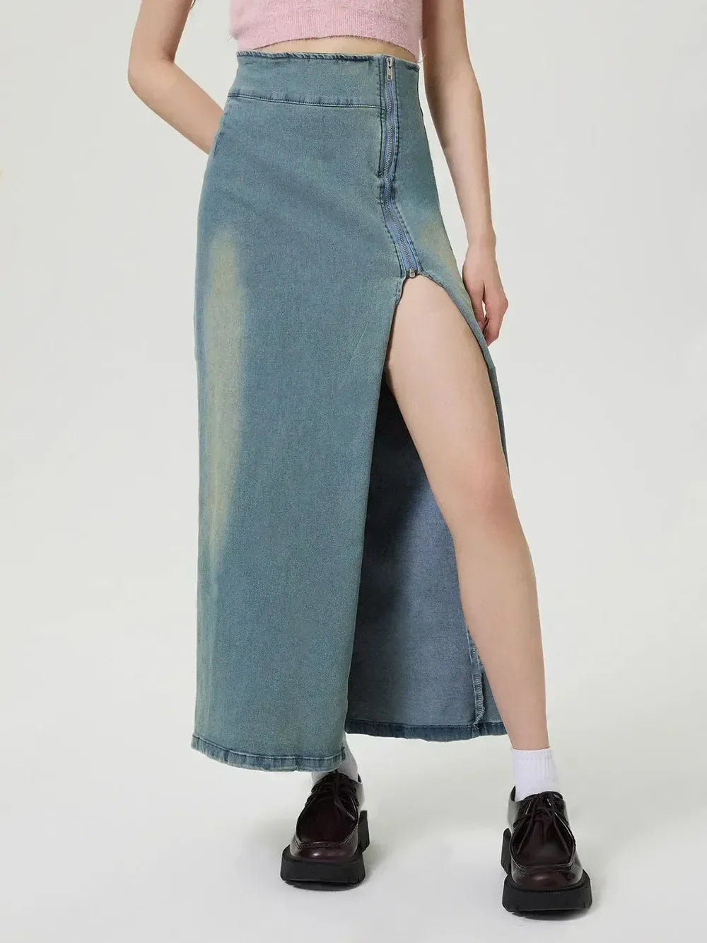 Slit Denim Skirt with Zip - DAVERRI FASHIONS