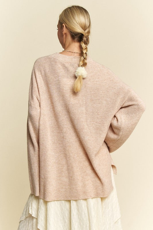 Davi & Dani High-Low Round Neck Drop Shoulder Sweater Tops