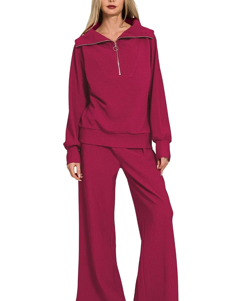 CABERNET Zenana Ribbed High Neck Half Zip Pullover & Pants Set | Loungewear Sets Daverri Fashions