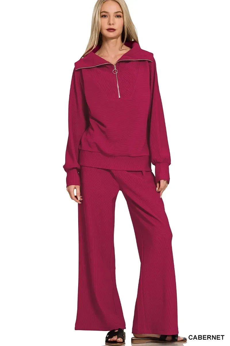 Zenana Ribbed High Neck Half Zip Pullover & Pants Set - DAVERRI FASHIONS