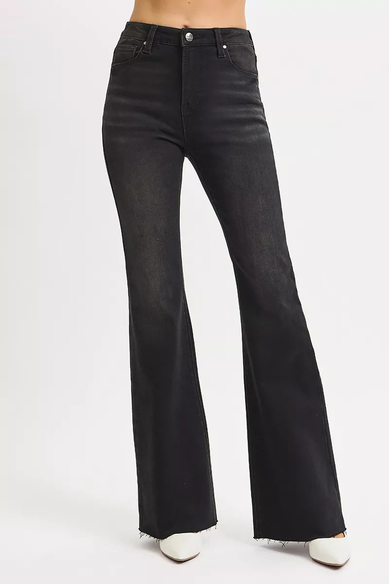 BLACK RISEN Full Size High Rise Flare Raw Cut Hem Jeans Plus Size | Jeans Daverri Fashions
