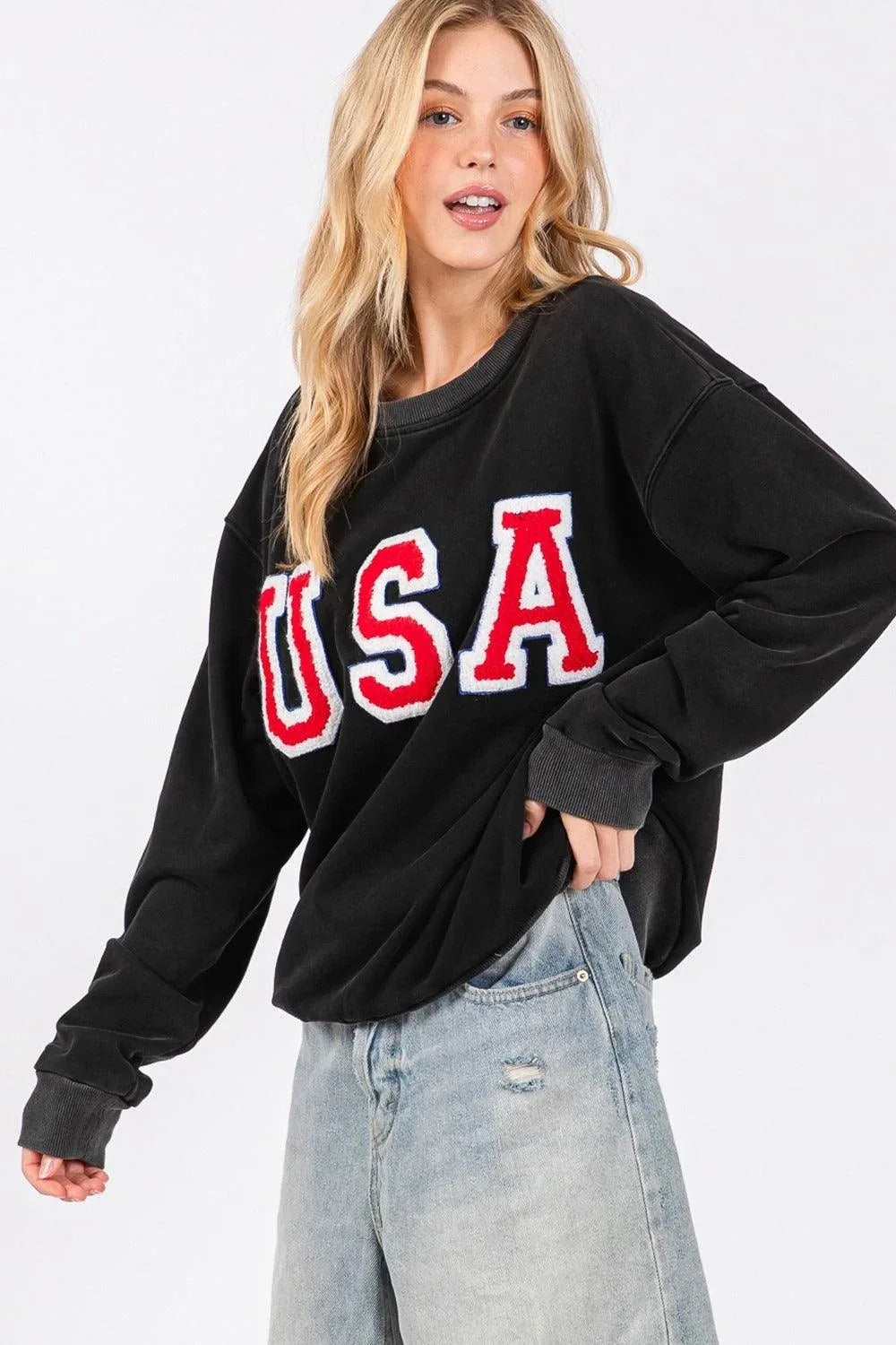 SAGE + FIG USA Letter Patch Round Neck Sweatshirt - DAVERRI FASHIONS