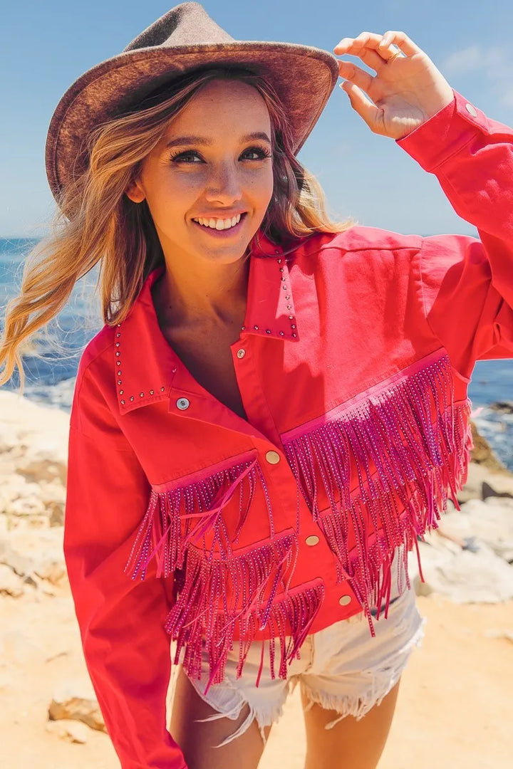 BiBi Rhinestone Fringe with Studed Collar Jacket Jackets