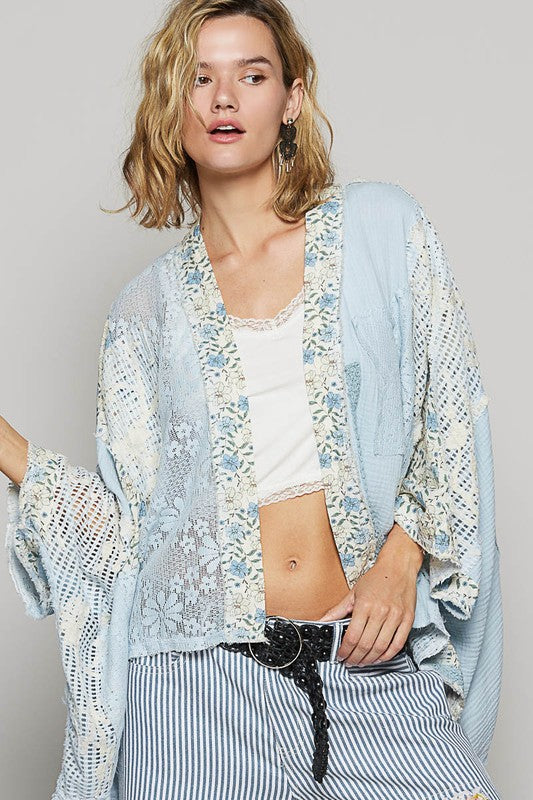 POL Floral Lace Crochet Patch Open Front Double Gauze Cardigan Cardigans