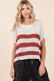 Mittoshop Contrast Striped Round Neck Short Sleeve Sweater