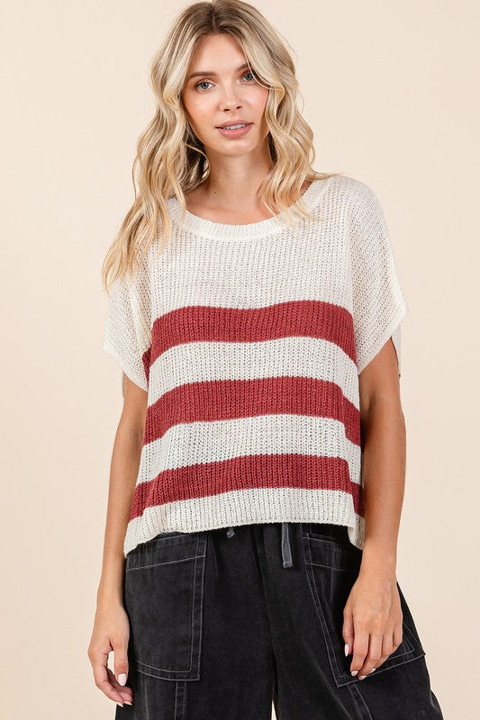 Mittoshop Contrast Striped Round Neck Short Sleeve Sweater Sweaters