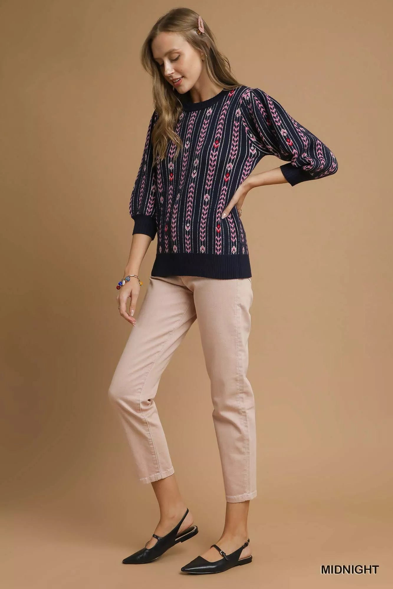 Umgee Jacquard Knit Puff Sleeve Sweater | Sweaters Daverri Fashions