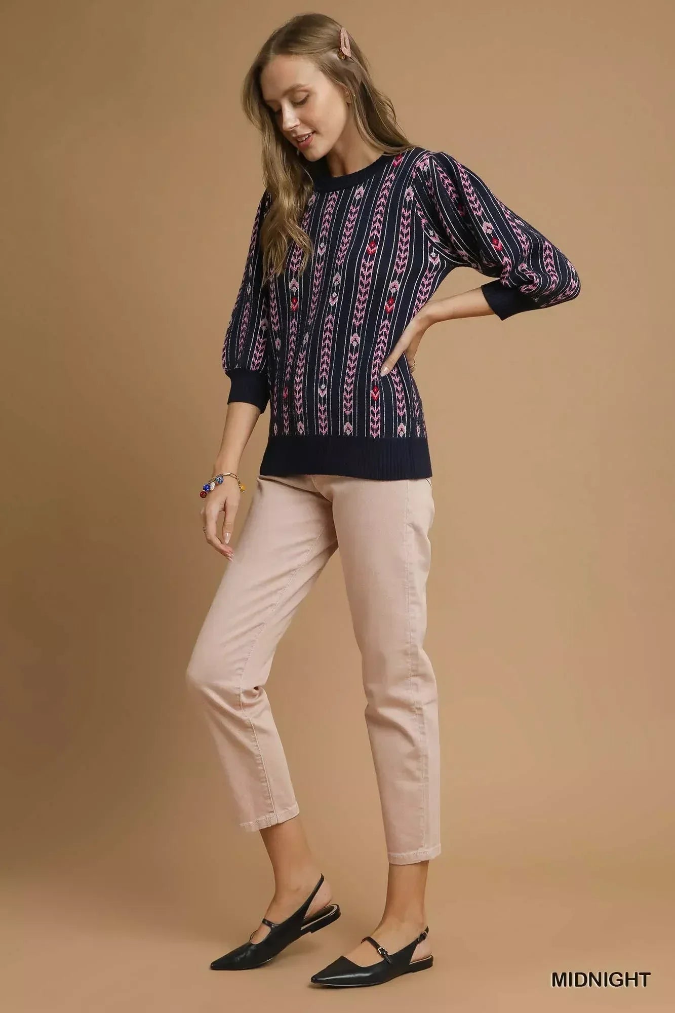 Umgee Jacquard Knit Puff Sleeve Sweater - DAVERRI FASHIONS
