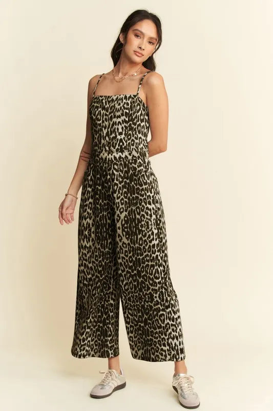 Davi & Dani Leopard Spaghetti Straps Wide Leg Jumpsuit Jumpsuits