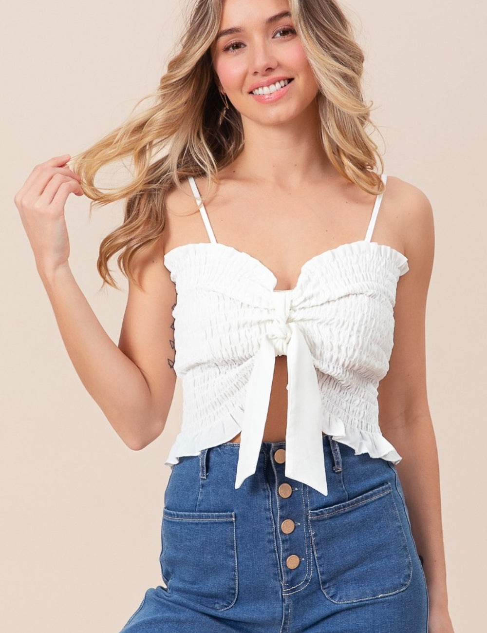 BiBi Ruffled Smocked Ribbon Detail Cami Off White