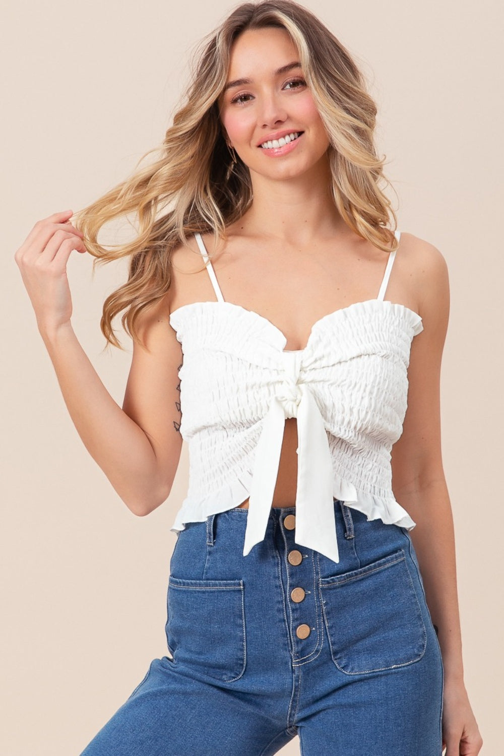 BiBi Ruffled Smocked Ribbon Detail Cami Off White