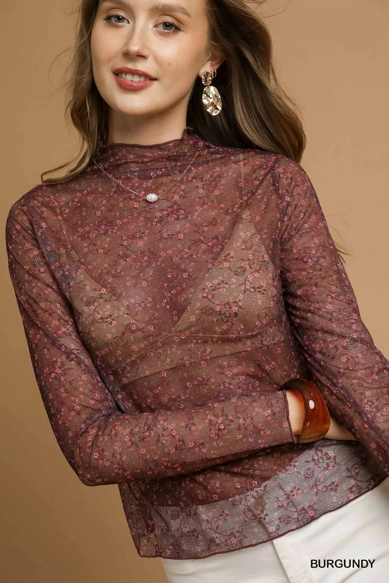 Umgee Nylon Lace Mesh Long Sleeve Top | Tops Daverri Fashions