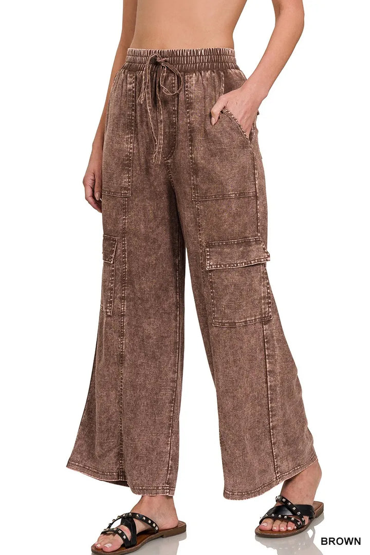 BROWN Zenana Washed Linen Elastic Band Waist Cargo Pants | Pants Daverri Fashions